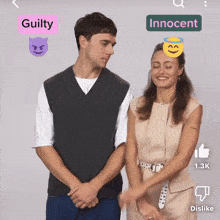 a man and a woman are standing next to each other with the words guilty and innocent written on their faces