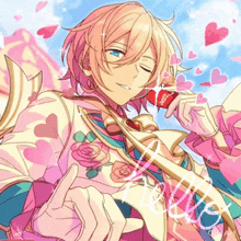 a drawing of a boy with pink hair and blue eyes