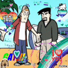 a cartoon of two men standing next to each other with the words " i want a bf " on the bottom right