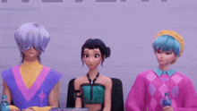 a group of cartoon characters are sitting next to each other .