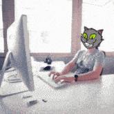 a man with a cat mask on his face is typing on a laptop