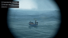 a screenshot of a video game shows a man in a boat in the ocean