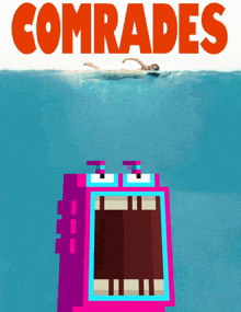 a poster for the movie comrades with a pixelated monster