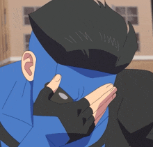 a cartoon character with blue hair and black gloves covering his face with his hands