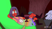 a cartoon of a woman holding a goblet with netflix written on the bottom right corner