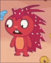 a cartoon hedgehog with a surprised look on his face is standing next to a chicken .