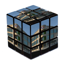 a rubik 's cube with a picture of a building on the side