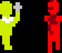 a pixel art of a yellow and a black figure with a red scarf