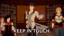 a group of cartoon characters are standing in a library and one of them is holding a cell phone and saying keep in touch .