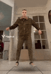 a man in a brown jacket is jumping in front of a door with a viggle.ai icon