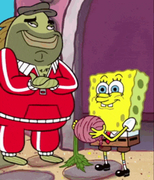 a cartoon of spongebob holding a yarn ball