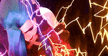 a cartoon character with blue hair is surrounded by lightning .