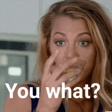 a woman drinking a martini with the words " you what " written below her