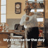 a man wearing headphones says " my exercise for the day " while dancing