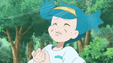 a cartoon character with blue hair is making a face