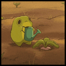 a frog is holding a watering can in its mouth