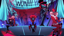a group of cartoon characters are standing on a stage in front of a sign that says won .