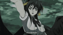 a girl in a white shirt and black tie is screaming thunderbolt .