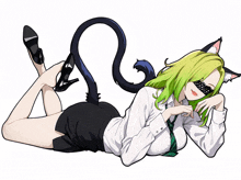 a girl with green hair and black cat ears is laying down