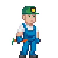 a pixel art of a man in blue overalls holding a carrot