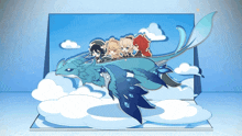 a group of people are riding on the back of a dragon