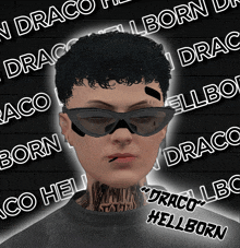 a man wearing sunglasses and a tattoo on his neck is surrounded by the word drago