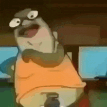 a cartoon character from spongebob squarepants is wearing glasses and a yellow shirt .