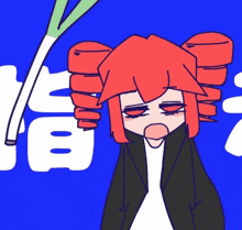 a cartoon of a girl with red hair and a green onion