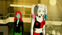harley quinn and poison ivy are standing next to each other in front of a building