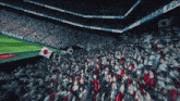a crowd of people in a stadium with a banner that says ' soccer '
