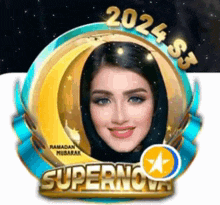 a woman 's face is surrounded by a crescent moon and the year 2024