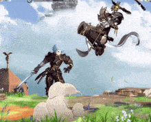 a cartoon of a man holding a sword and another man riding a horse