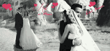 a black and white photo of a bride and groom with the words love forever on the bottom left
