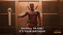 deadpool is standing in an elevator and talking about his birthday .