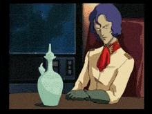 a cartoon of a man sitting at a table with a vase