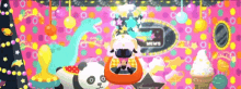 a panda bear is sitting in a chair in front of a colorful background with a sign that says news
