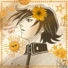 a drawing of a man with a flower in his hair and the words have a wonderful day