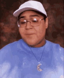 a man wearing glasses , a hat and a necklace is making a funny face .