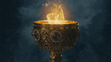 a golden goblet with a fire coming out of it
