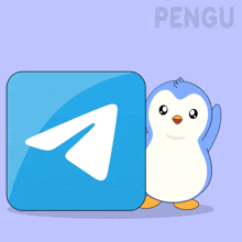 a penguin stands next to a telegram icon
