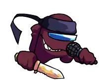 among us character holding a knife and a microphone