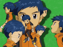 a cartoon of a boy with blue hair and orange jacket