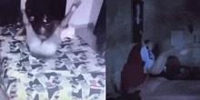 a person is laying on a bed with their arms outstretched in a dark room .