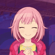 a girl with pink hair is smiling and says pybro on her chest