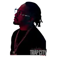 a poster for trap city shows a man wearing glasses and a chain around his neck