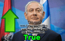 a picture of a man with a green arrow pointing up and the word true on the bottom