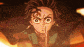 a close up of a cartoon character with a knife in his mouth .