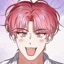 a close up of a person 's face with pink hair sticking out their tongue .