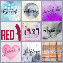 a collage of taylor swift 's songs , including red , fearless , speak now , folklore , evermore