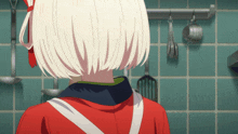 a woman in a red apron is standing in front of a kitchen wall